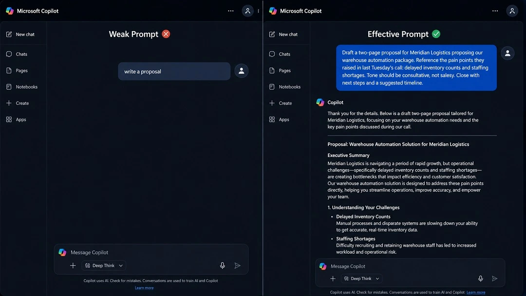 Screenshots: Weak vs. Effective Prompt